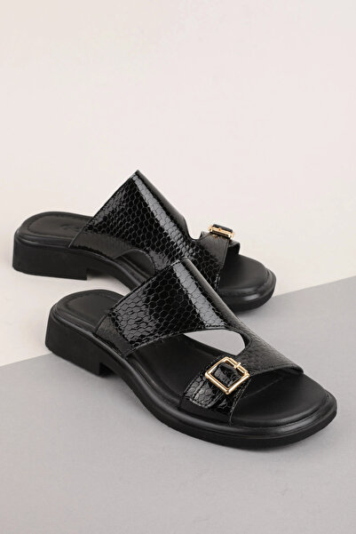 Gondol Women's Genuine Leather Buckle House Slippers Msa.47102 Black Croco