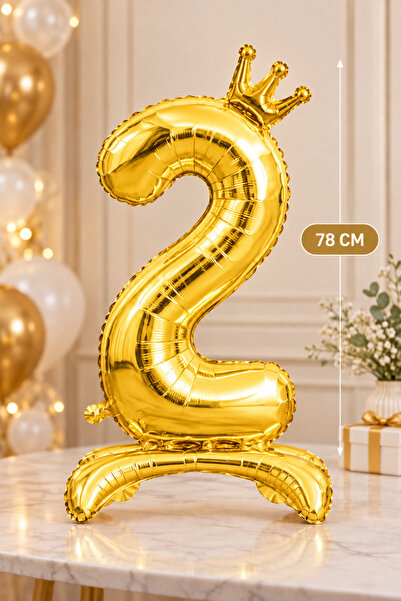 Baloncu Nene Crowned Gold 2 Number Foil Balloon 78 cm Standing Table Top 2 Ye...
