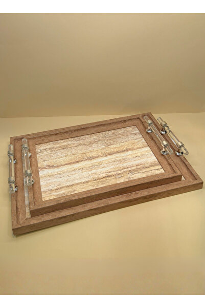 ALQANNAS Wooden Serving Tray Set with Acrylic Handle Marble Decor Modern Desi...