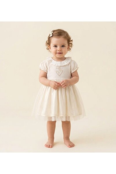 Cumino Infant Baby Girls Off White Short Sleeve Soft Embroidery Dress