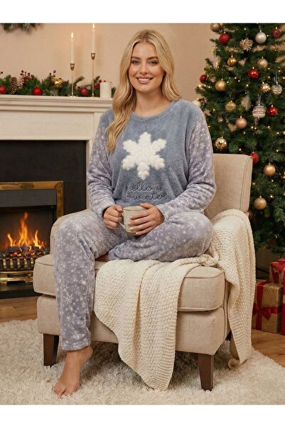 Sude Gri Polar Kar Tanesi Desenli Büyük Beden Kadın Pijama Takımı