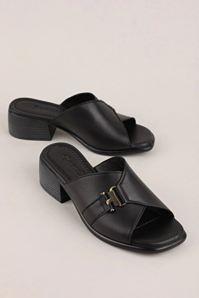 Gondol Women's Genuine Leather Heeled House Slippers Msa.1816 Black