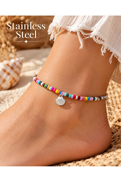 stainless steell Colorful Glass Bead Design Tarnish-Resistant Coated Anklet