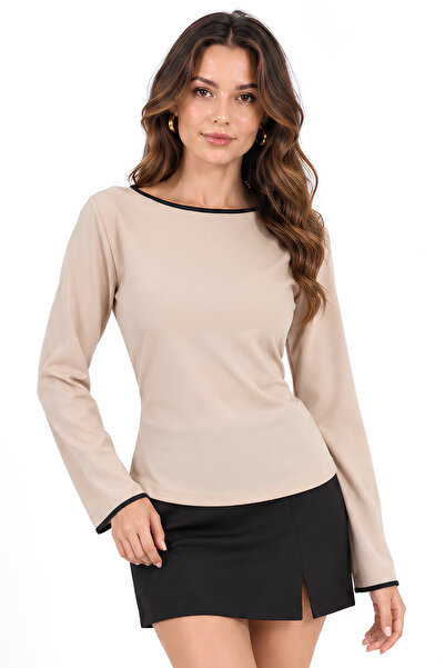 MOVİMENT Women's Plain Fitted Bodycon Ribbed Boat Neck Spanish Sleeve Scuba C...