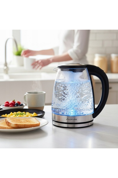 Kamille Fierbător electric din sticlă 1.8L cu control al temperaturii și ilum...