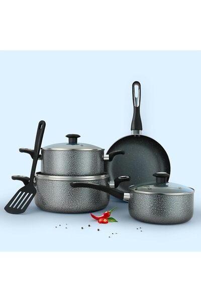 Global Impex Impex Aluminum Cookware Set Of 8 Pieces, 5 Layer Super Granite C...