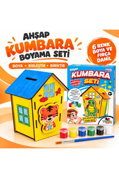TOTTERİQ Ahşap Kumbara Boyama Seti 6 Renk Boya ve Fırça Dahil anaokulu okul e...