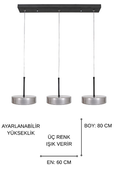 Fer Avize Ela Led Modern Tasarım 3 Renk Işık Seçenekli Enerji Tasarruflu 3'lü Led Avize Mutfak Salon Çocuk Odası Giyinme Odası