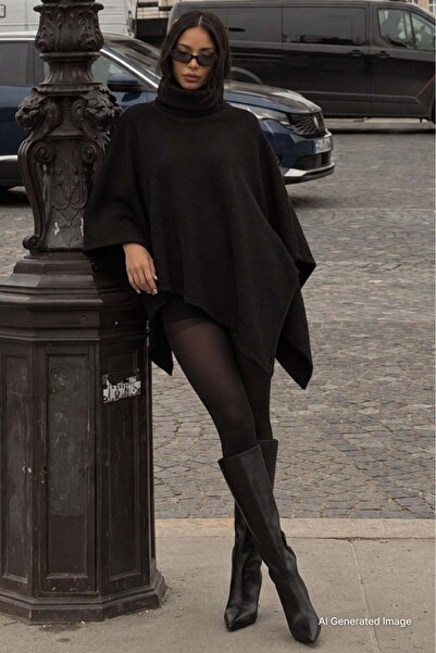 Madmext Black High-Neck Asymmetrical Cut Women's Poncho Mg2901