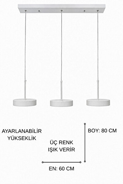 Fer Avize Ela Led Modern Tasarım 3 Renk Işık Seçenekli Enerji Tasarruflu 3'lü Led Avize Mutfak Salon Çocuk Odası Giyinme Odası