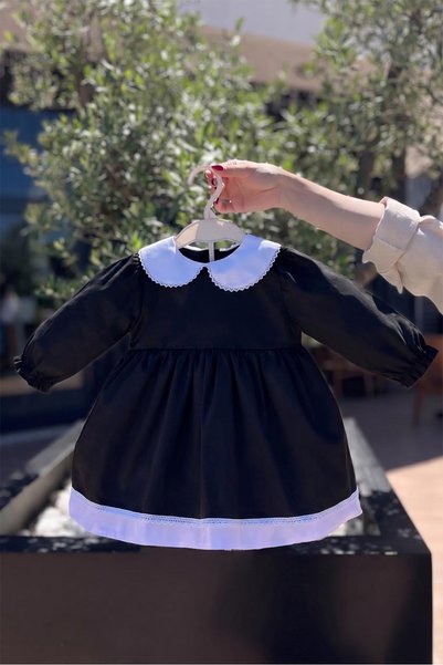 Bertuğ Bebek Lace Detailed Baby Collar Black Long Sleeve Girls' Baby Design Dress