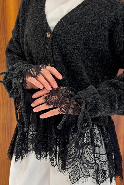 fayaboutique.com Siyah Lacy Triko Dantel Detaylı Hırka