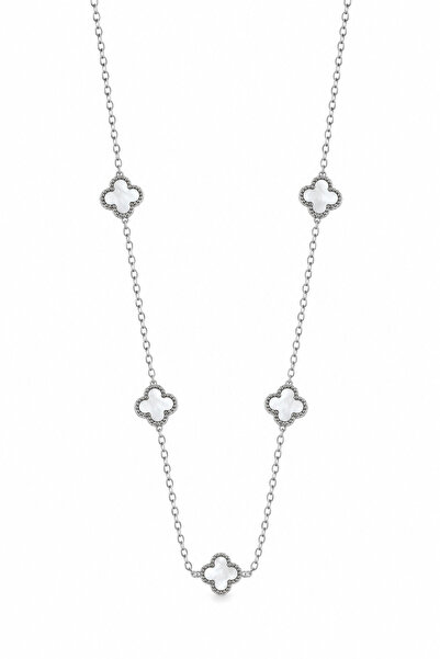 Jack Ferrero Stylish Steel Clover Figured White Look Long Necklace - for Casu...