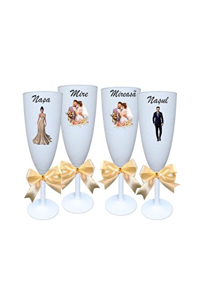 OEM Set de 4 pahare, Nuntă, Mire, Mireasă, Naști, Alb, PHRP009
