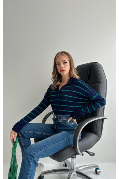 My Blog Blue Green Striped V-Neck Knit Sweater - 243276