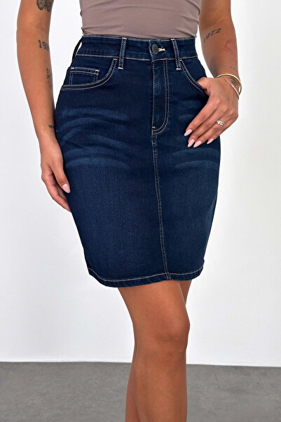 HLT JEANS Blue Black Kadın Regular Fit Yüksek Bel Orta Boy Denim Kot Etek ALİ...