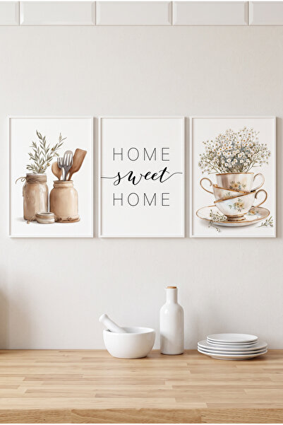 Beyaz Ahşap Çerçeveli Home Sweet Home Mutfak Temalı Duvar Tablosu 3’lü Set