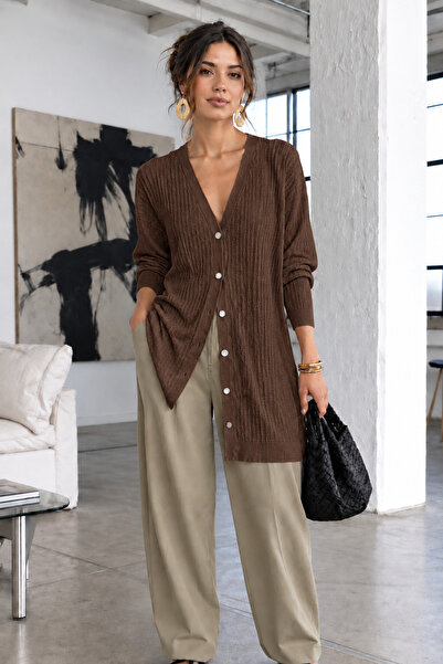 COMBİNE MİCHAİL Saisonale braune lange Strickjacke für Damen