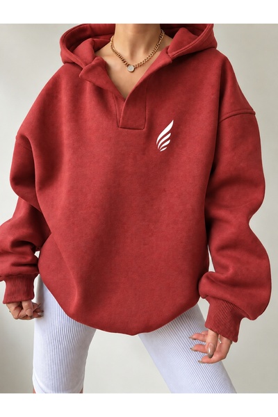 Deocept Unisex V-Yaka Kapüşonlu Basic Baskılı Oversize Swetshirt