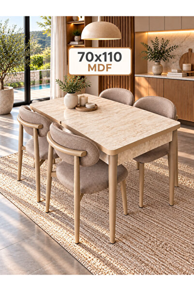 DEREN HOME Calve Serisi MDF 70x110 Açılabilir Masa Traverten + 4 Adet Silineb...