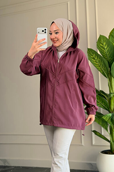 Suede Style 6683 - Şık Rahat Salaş Şeftali Kumaş Taş Detaylı Kapüşonlu Kadın ...