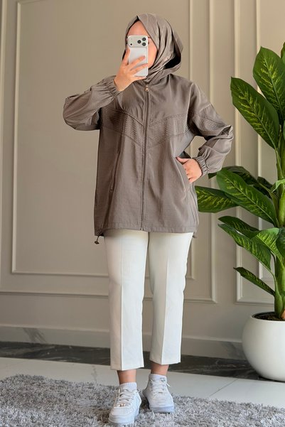 Suede Style 6683 - Stylish, Comfortable, Loose-Fitting Peach Fabric Women's Hooded Jacket with Stone Detail