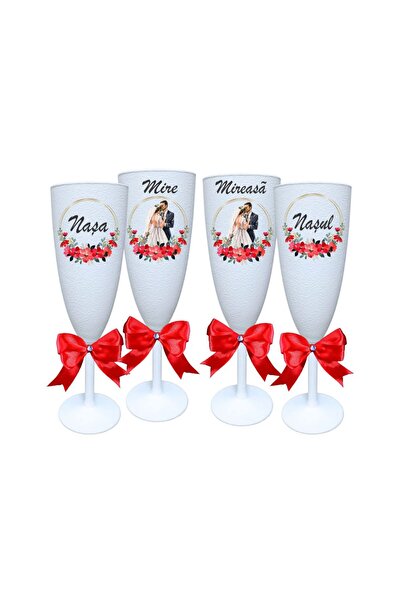 OEM Set de 4 pahare, Nuntă, Mire, Mireasă, Naști, Alb, PHRP041