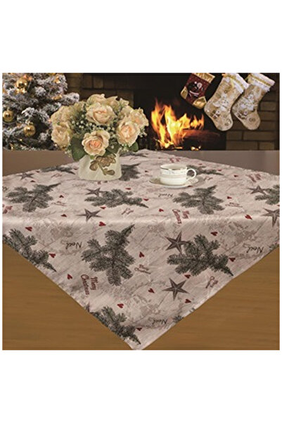 OEM Fata de Masa de Craciun Gri Bej Brad Stele "Merry Christmas"" 80x80cm"