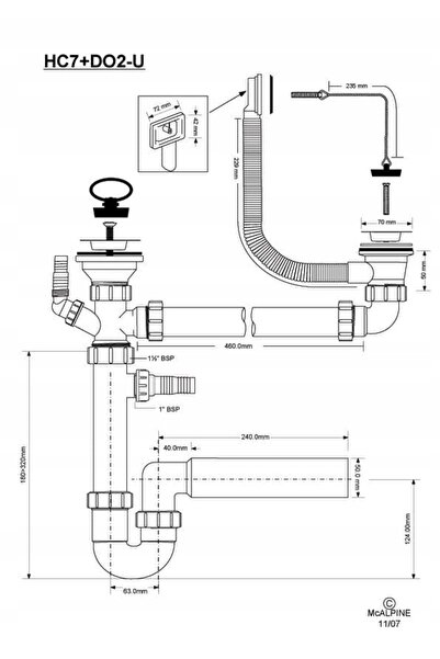 McAlpine Sifon chiuvetă tubular dublu, cu două ieșiri, alb, 1 1/2'' HC7+DO2-U