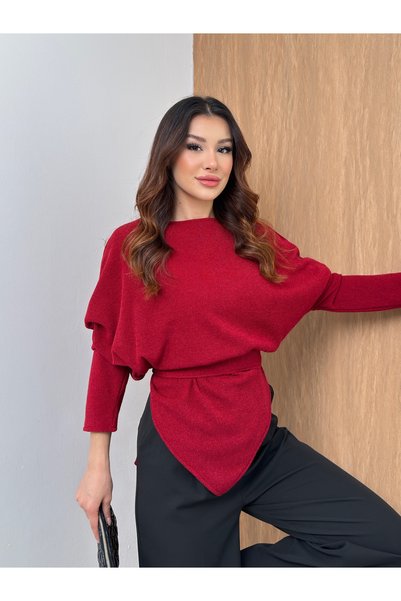 MiraMore Butik بلوزة نسائية محبوكة بأكمام خفاشية وربطة خلفية