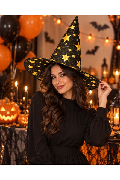 PARTİPORT Black Gold Starry Witch Hat – Adult Halloween Costume Party Wizard Hat
