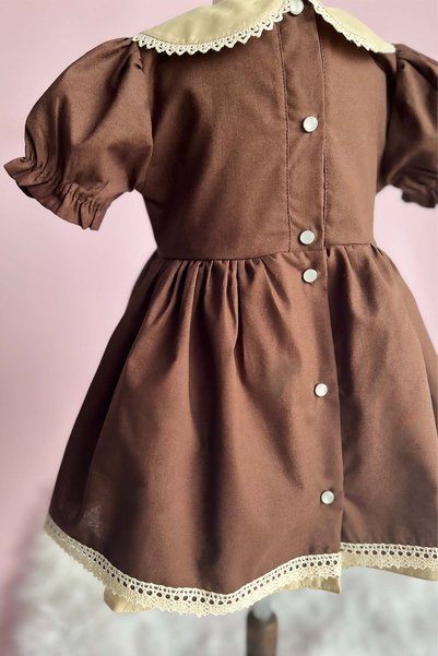 Bertuğ Bebek Lace Detailed Baby Collar Brown Long Sleeve Girls' Baby Design Dress