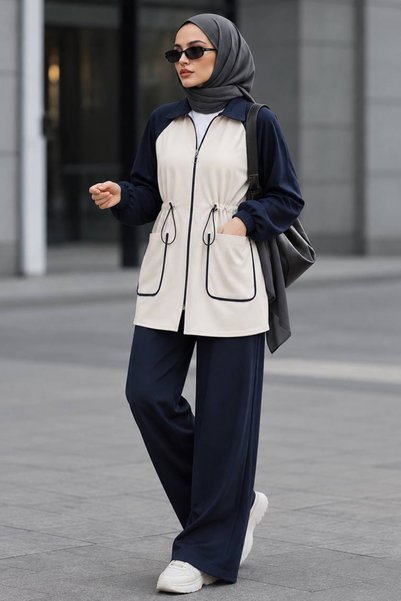 Neva Style Garnili Zipper Detailed Oysho Navy Blue Hijab Pants Set 10417L