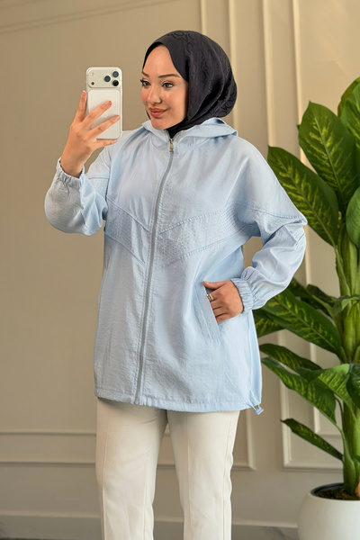 Suede Style 6683 - Şık Rahat Salaş Şeftali Kumaş Taş Detaylı Kapüşonlu Kadın ...