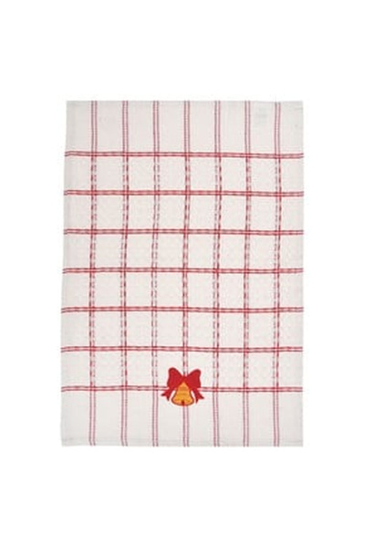OEM Prosop de Bucatarie Alb Rosu cu Carouri Clopot Brodat de Craciun 60x40cm