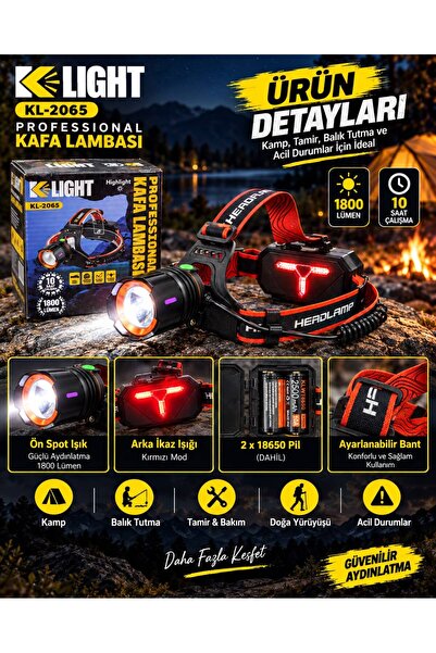 KLIGHT K Light KL-2065 Profesyonel Kafa Lambası 1800 Lümen – 2x18650 Pilli, A...