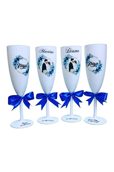 OEM Set de 4 pahare personalizate, Nuntă, Mire și Mireasă, Naști, Alb, PHRP002