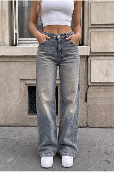 alanora Pantaloni din denim cu talie înaltă, cu picior larg, spălați în stil ...