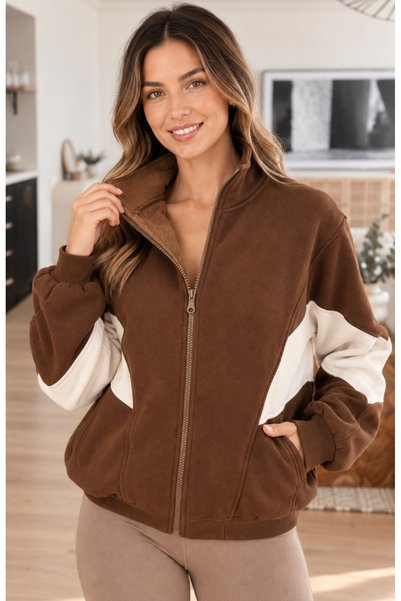 HARMONY GLOBAL Women's Brown Three-Thread Ribbed Zippered Cardigan White