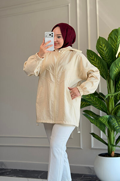 Suede Style 6683 - Şık Rahat Salaş Şeftali Kumaş Taş Detaylı Kapüşonlu Kadın ...