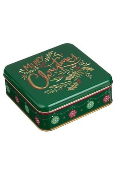 OEM Square Green Metallic Food Box with Christmas Embossed Pattern 17x17x6cm