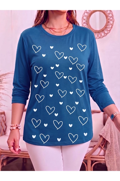 MaxiMor Women's Plus Size Printed Crew Neck Long Sleeve Viscose Cotton Lycra Fabric Oversize