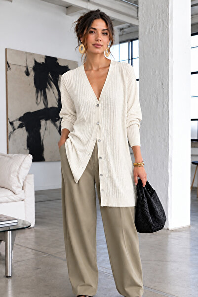 COMBİNE MİCHAİL Saisonale cremefarbene lange Strickjacke für Damen