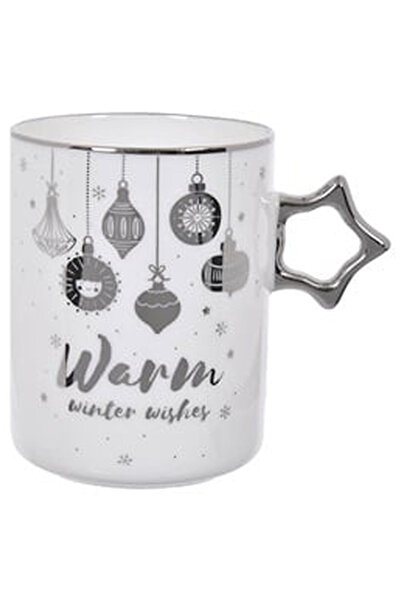 OEM New Bone White Silver Star Shaped Handle Christmas Mug "Warm Winter Wishe...