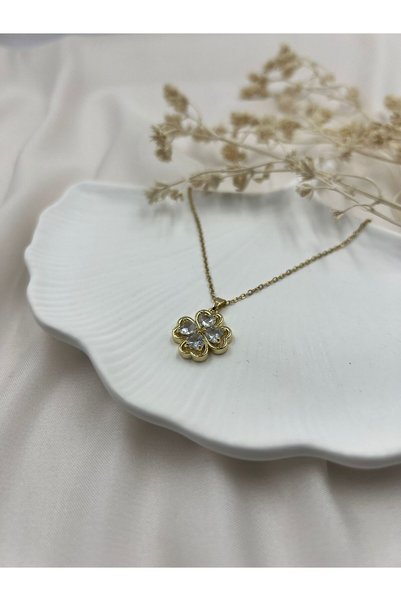 Lunarie Four-Leaf Clover Figured Zircon Stone Xuping Gold Steel Necklace – Vintage Non-Tarnishable Stainless Stylish Women's Jewelry