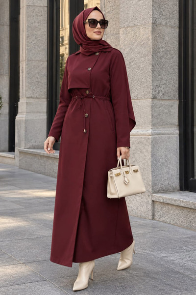 Neva Style Düğmeli Bordo Tesettür Trençkot 62231BR