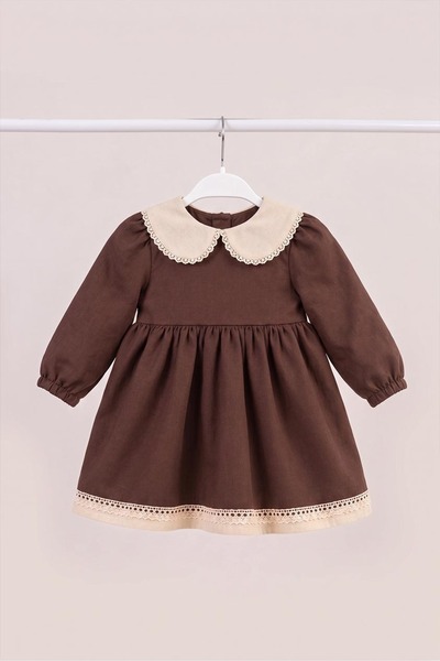 Bertuğ Bebek Lace Detailed Baby Collar Brown Long Sleeve Girls' Baby Design Dress