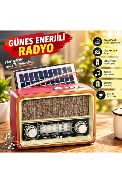 İDEXAL Güneş Panelli Nostaji Radyo FM AM SW 8 Band USB TF Kart Şarjlı Taşınabilir Nostaji Radyo