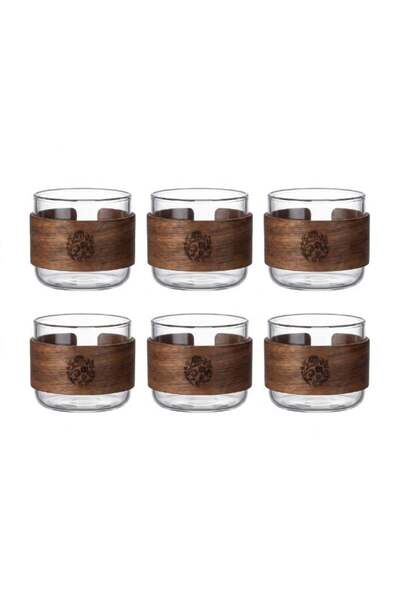 Generic Set of 6 Glass Coffee & Tea Cups with Walnut Wood Heat-Resistant Slee...