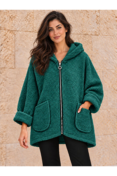 AGORATEKSTİL Women's Italian Double Pocket Zippered Hooded Boucle Fabric Jack...